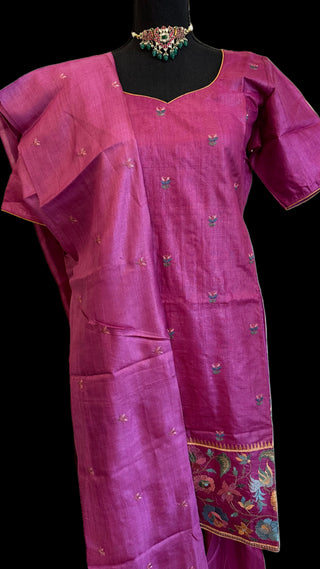 Tussar purple  pure silk salwar set with silk dupatta online shopping usa