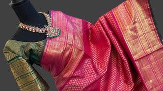 pinkish red pure kanchi pattu saree online usa pure kanjivaram silk saree online Indian wedding saree usa pure wedding muhurtam look silk saree red kanchi pattu pink kanjivaram silk saree with stitched blouse contrast blouse online usa 