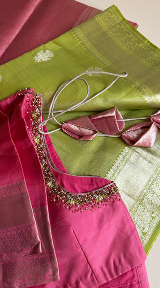 lime green vaira oosi silver zari kanjivaram saree online