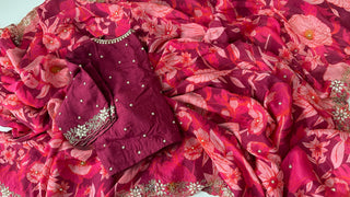 Pink Satin crepe silk saree with stitched  blouse