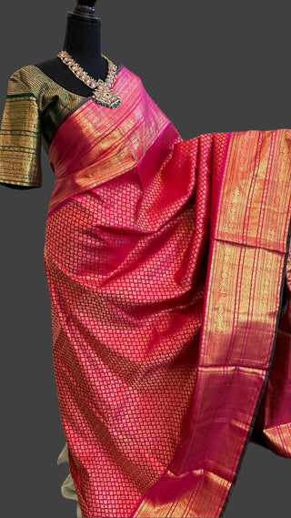 pinkish red pure kanchi pattu saree online usa pure kanjivaram silk saree online Indian wedding saree usa pure wedding muhurtam look silk saree red kanchi pattu pink kanjivaram silk saree with stitched blouse contrast blouse online usa 
