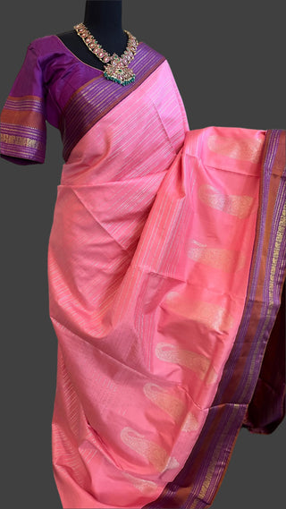 Candy pink kanjivaram silk saree with stitched blouse usa pure zari south silk saree indian wedding usa pink pattu saree online shopping silver zari saree stripes 