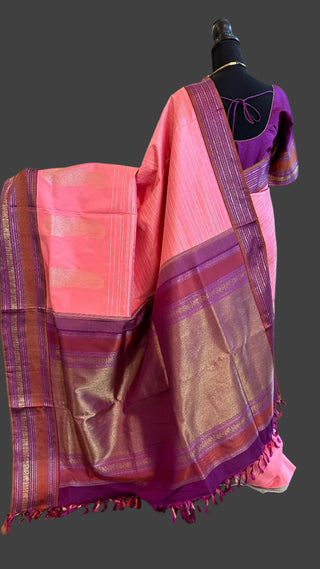 Candy pink kanjivaram silk saree with stitched blouse usa pure zari south silk saree indian wedding usa pink pattu saree online shopping silver zari saree stripes 