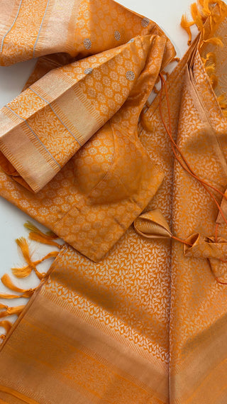 Brocade orange kanchi pattu saree Pure silver zari  kanjivaram silk saree with prestitched blouse border