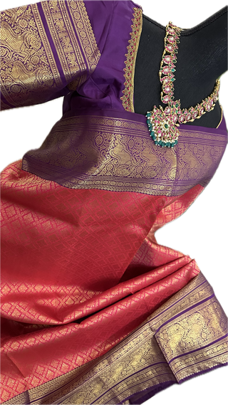 Pinkish Red Brocade kanjivaram silver zari with stitched blouse