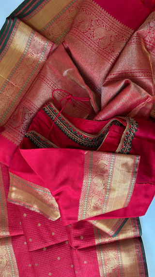 Pure kanchi red small checks butta kanjivaram silk saree with prestitched blouse