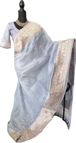 Pastel lavender silver tissue Organza soft weave paithani silver borders with stitched blouse