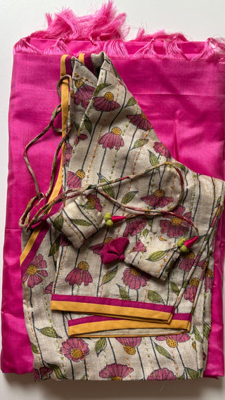 Plain pink kanchi pattu red pattu saree with embroidered blouse online latest sale designs collections online shopping Indian wedding USA kalamkari blouse contrast 