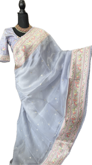 Pastel lavender silver tissue Organza soft weave paithani silver borders with stitched blouse