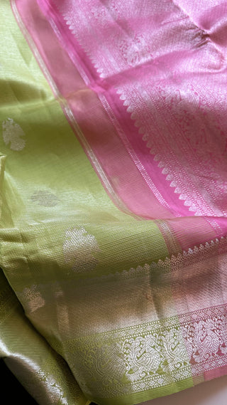 lime green vaira oosi silver zari kanjivaram saree with hand embroidered blouse onine usa