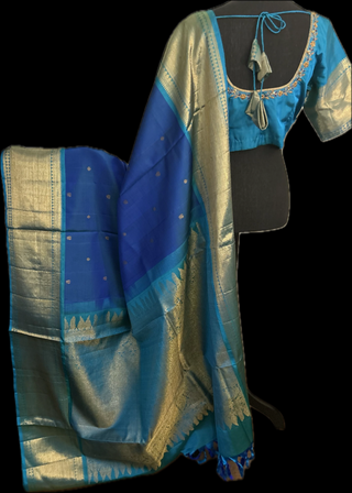 Blue Kanjivaram pattu saree Handwoven silk saree with stitched  blouse Hand embroidered blouse