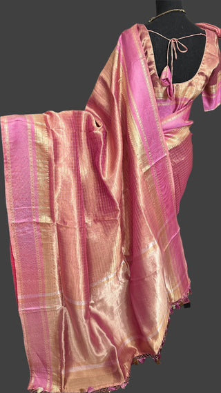 Pure Double Tissue katan Pink Organza  silk saree with blouse online shopping usa