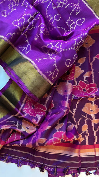 Purple patola silk saree with  silk finish pallu with prestitched blouse