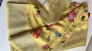 Yellow Floral Beneras Georgette Silk with stitched  blouse