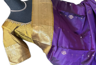 Purple goldzari pure soft silk saree online usa with stitched embroidered blouse online usa