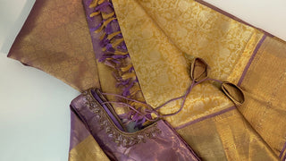 Gold lavender tissue kanjivaram silk saree with contrast blouse online shopping usa