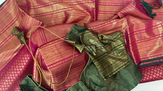 Pinkish RED brocade bridal kanchi pattu saree with Bottle green blouse  online usa