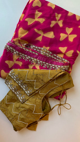 Pink Satin crepe silk saree with stitched blouse