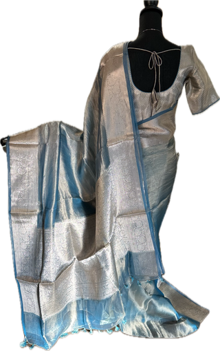 Pastel blue Pure Double Tissue katan Gold Organza  silk saree with blouse online shopping usa