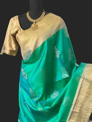 Green soft silk saree with hand embroidered blouse online ready to wear blouse online 
