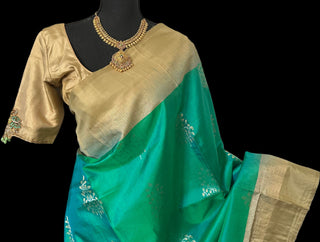 Green soft silk saree with hand embroidered blouse online usa