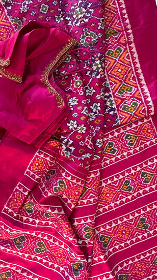 Ikat silk saree usa pink pure ikat patola partywear with stitched blouse Indian wear online usa sale latest shopping