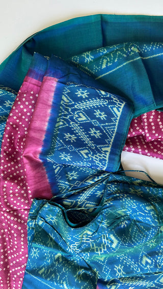 Handloom bandhej  pure patola double ply silk saree silk finish pallu with prestitched blouse