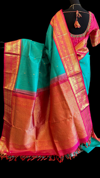 Teal Reddish Pink Vaira oosi kanchi pattu saree fine weave kanchi pattu bridal