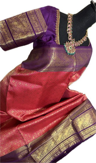 Pinkish Red Brocade kanjivaram silver zari with stitched blouse