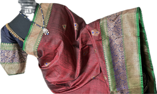 Maroon Tussar Beneras Katan saree with prestitched blouse