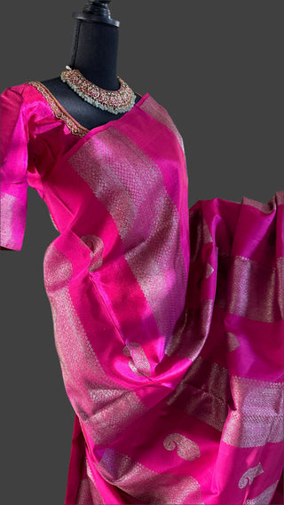 Pink Borderless kanchi pattu saree with embroidered blouse