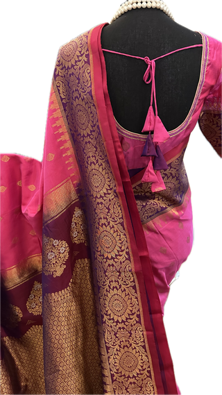 Pink Gadwal handwoven silk saree with embroidered stitched blouse