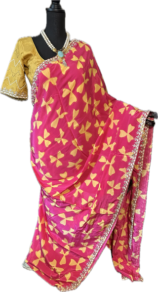 Pink Satin crepe silk saree with stitched blouse