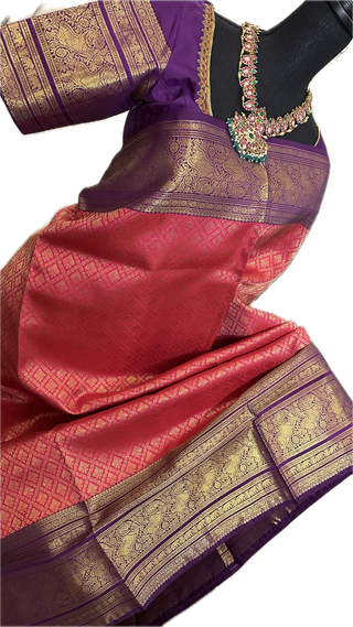 Pinkish Red Brocade kanjivaram silver zari with stitched blouse