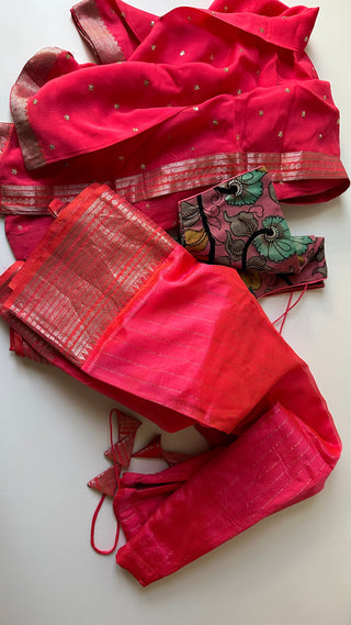 Pink Pure Mangalagiri Silk Cotton Lehenga hand painted kalamkari blouse with Dupatta