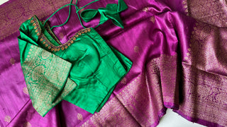 Purple Tussar beneras  Katan silk saree online shopping with prestitched blouse