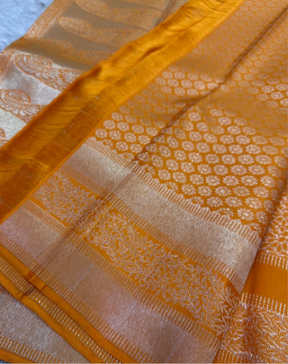 Brocade orange kanchi pattu saree Pure silver zari  kanjivaram silk saree with prestitched blouse border