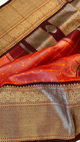 Pure Orange brocade kanjivaram silk saree with prestitched blouse