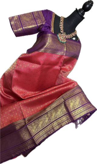 Pinkish Red Brocade kanjivaram silver zari with stitched blouse