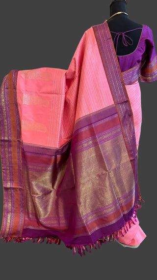 Candy pink kanjivaram silk saree with stitched blouse usa pure zari south silk saree indian wedding usa pink pattu saree online shopping silver zari saree stripes 