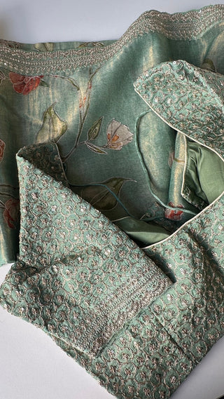 Tissue Green Organza soft weave printed embroidered silk embroidered with stitched blouse