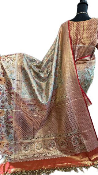 Meenkari pure silk saree silver zari online usa with stitched blouse