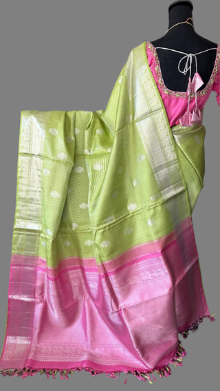 Lime green vaira oosi silver zari KANJIVARAM SAREE with Hand embroidered blouse