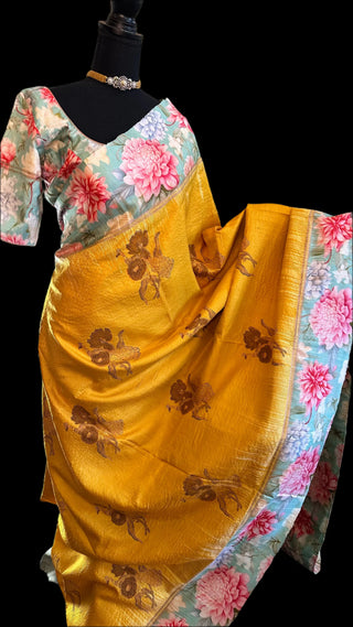 Floral kanjivaram silk saree yellow pure kanchi pattu saree online usa fusion new latest silk saree online shopping wedding indian wedding muhurtam pelli saree telugu brides stitched 