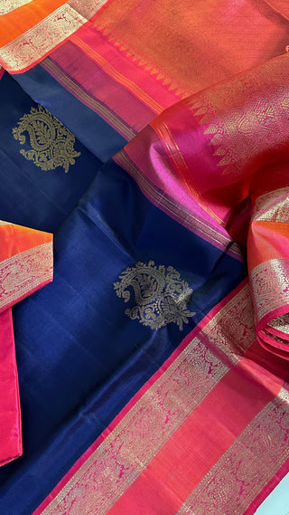 Dark blue handwoven pure zari kanchi pattu saree online usa