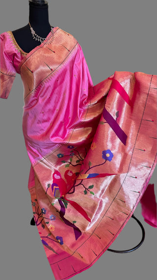 Pure paithani silk saree light pastel pink with half over zari designs parrot paithani pure zari online usa with stitched blouse online sale shopping indian saree wedding telugu bride pelli saree muhurtam fine silk handwoven saree