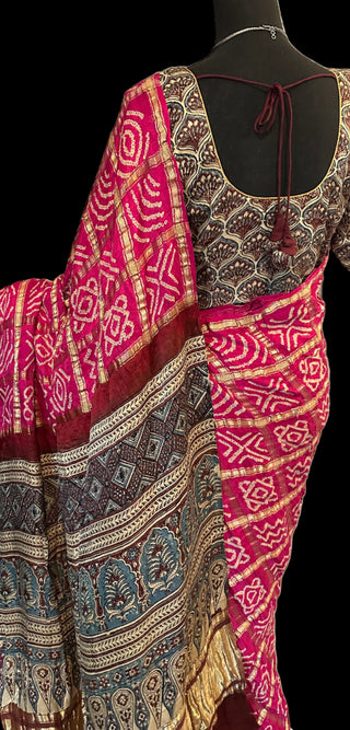 Bandhani silk saree &nbsp;with ajarkh pallu blouse online shopping