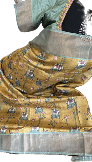 Handwoven gold pichwai print tussar silk saree  online and prestitched blouse