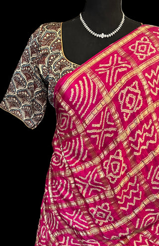Pink bandhani saree ajarakh pallu bandini Gajji silk with blouse online