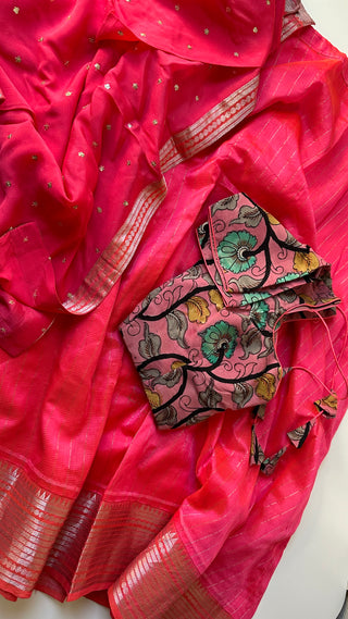 Pink Pure Mangalagiri Silk Cotton Lehenga hand painted kalamkari blouse with Dupatta